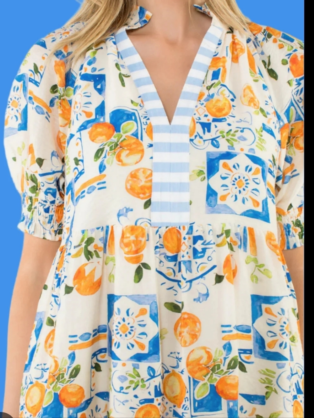 THML Blue Orange Crochet Details Summer Vacation Boho Top